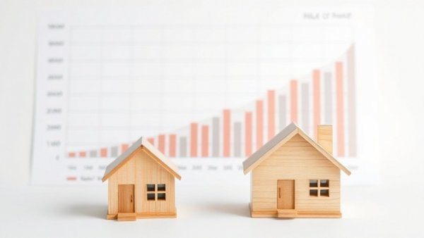 Wooden houses and graph predicting housing prices increase 2026.