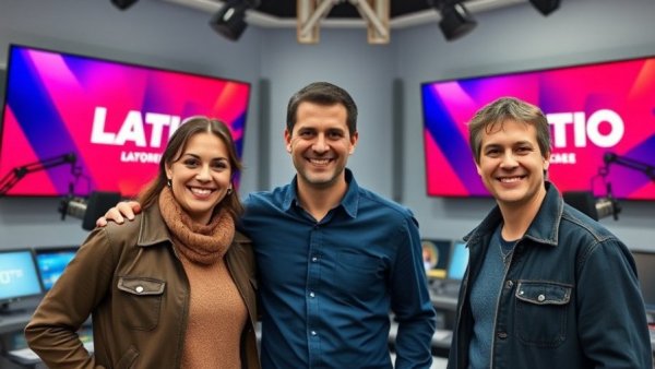 Three people in a radio studio with vibrant background.