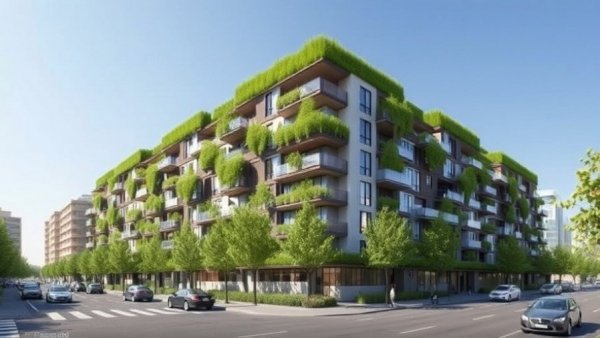 Sustainable modern apartment complex building, longevity homes investment