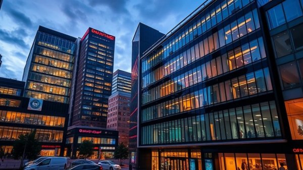 Modern cityscape of Darling Square at dusk, vibrant and illuminated.