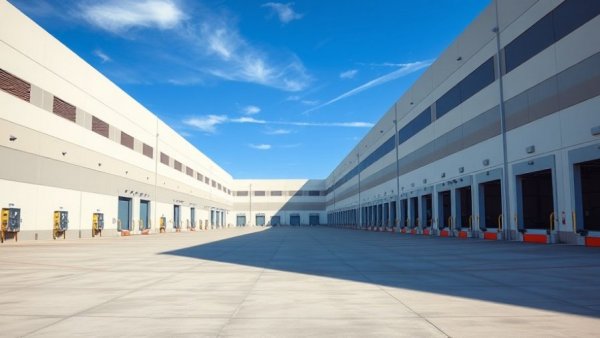 Modern warehouse with loading docks under a clear sky, global logistics platforms.