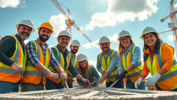 Sydney AI Data Centre Development team laying foundation, smiling outdoors.