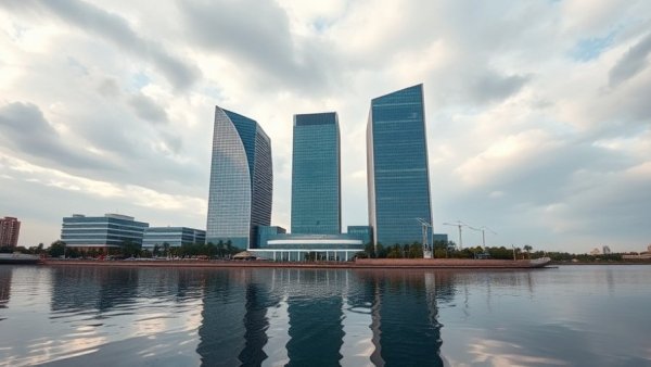 Modern office buildings reflecting real estate market trends by waterfront
