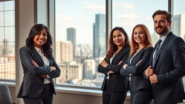 Real estate professionals in Newcastle office with cityscape.