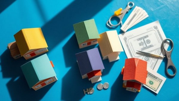 Colorful house models and financial tools on blue surface, illustrating housing affordability in Australia.