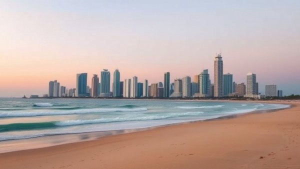 Gold Coast skyline with skyscrapers and beach waves during summer.