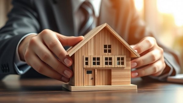 Businessman adjusting mortgage block on wooden house model in office, concept of 50-year mortgages.