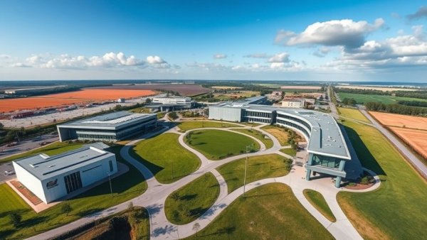 Aerial view of McLaren Campus with modern buildings and greenery.