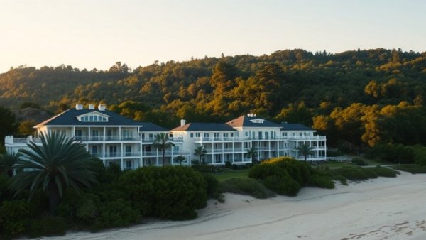 Byron Bay beachfront apartments near lush greenery and sandy beach.
