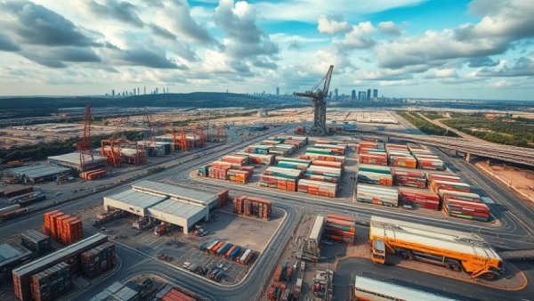 Aerial view of urban logistics in real estate, industrial area with skyline.
