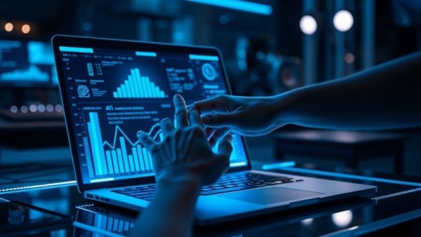 Futuristic AI data interface with hands and laptop in a dim workspace.