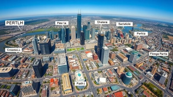 Perth CBD real estate market aerial view highlighting skyline and landmarks.