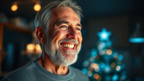 Mature man with holographic holiday home concept, property investment insight.