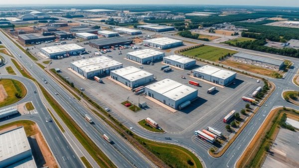 Aerial view of M&G logistics facilities in Milan acquisition, featuring warehouses and trucks.