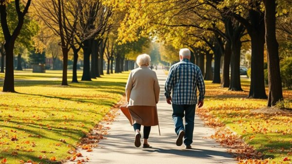 Elderly couple strolling in a serene Melbourne suburb park.