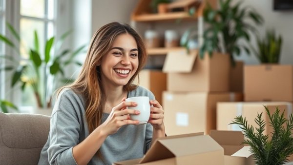Young woman unpacking in new home under Build to Rent to Buy scheme.