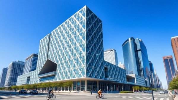 Modern New Babylon complex with cyclists, blue sky backdrop.