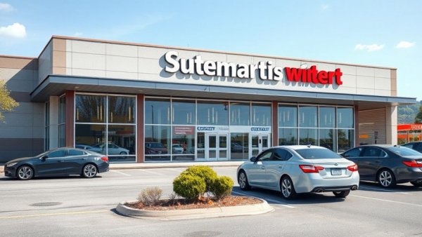 Modern supermarket building in Portugal, blue sky, parked cars.
