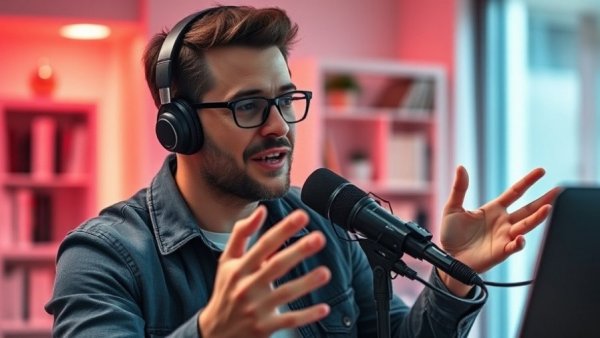 Podcast host discussing real estate Geelong growth market in studio.