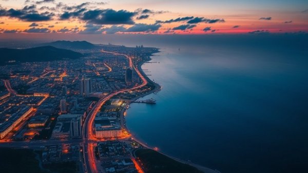 Vibrant aerial view of Central Coast city at sunset, highlighting commercial market opportunities.