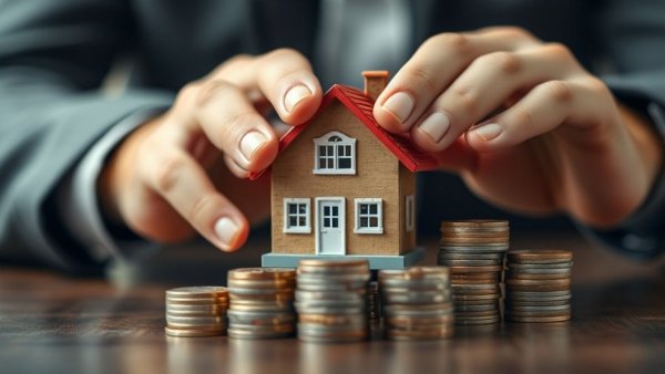 Close-up of a model house and coins for property investment concept.