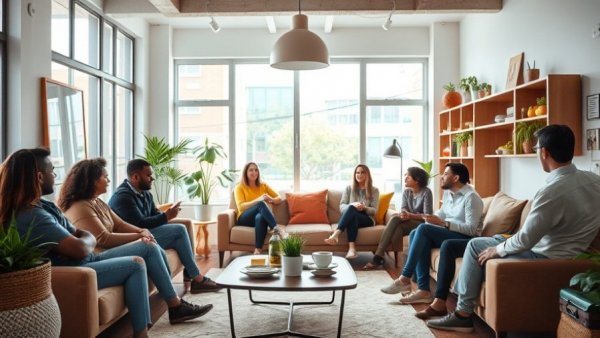 Urban co-living space showcasing modern decor and diverse people relaxing.