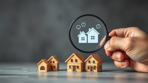 Magnifying glass over wooden houses with digital icons, symbolizing property predictions for 2026.