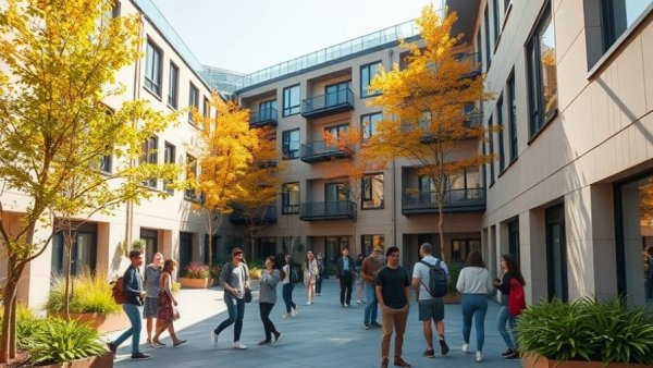 Modern student accommodation in Newcastle courtyard with students socializing.