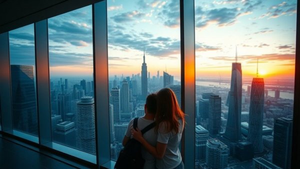 Couple in a modern apartment with cityscape, renting in 2026.