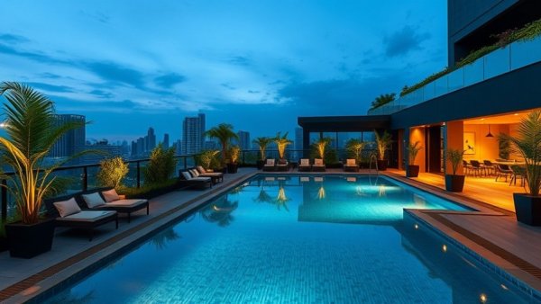 Luxurious rooftop pool at Watts & Wright Bulimba with lush greenery.