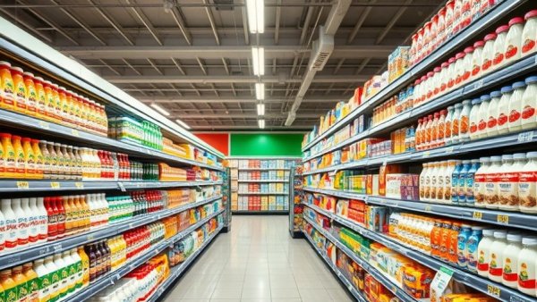 UK supermarket aisle with various dairy products on shelves.