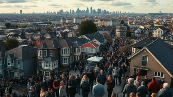 Victorian rental market crisis depicted by people queuing in crowded streets.