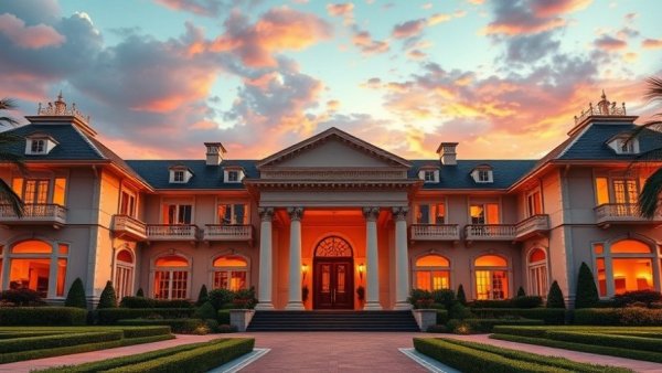 Elegant white mansion in Australia, sunset view