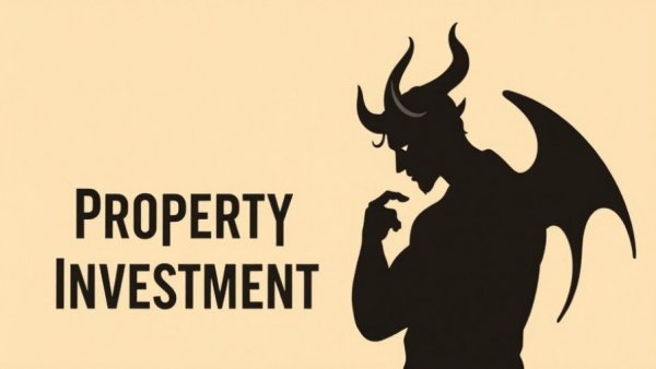Minimalist design of a devil silhouette with property investment text.