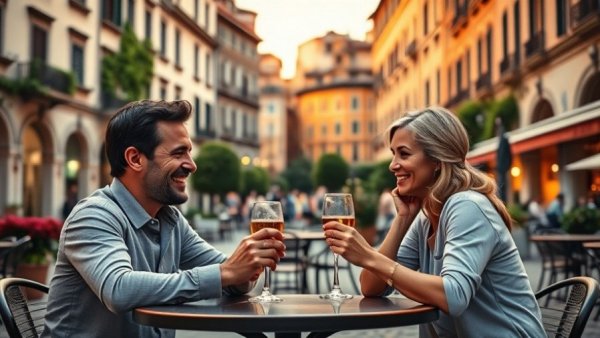 Couple enjoying drinks at Italian piazza with historic palazzo in background.