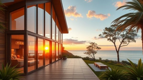 Modern luxury coastal home in Tasmania with ocean view at sunset.