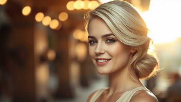 Blonde woman in cinematic photo, warm light, smiling softly.