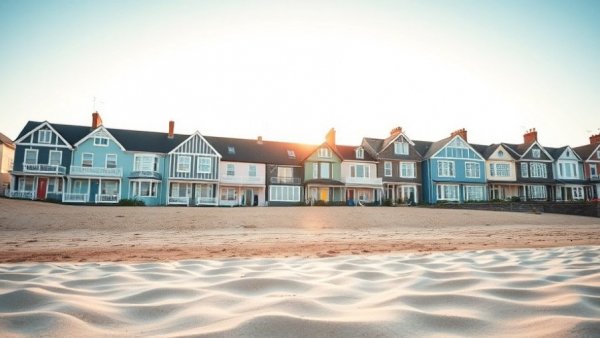 Pastel-colored seaside houses in a holiday town, early morning light.