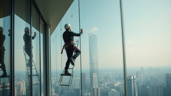 Precarious high-rise window cleaning highlights safety regulations.