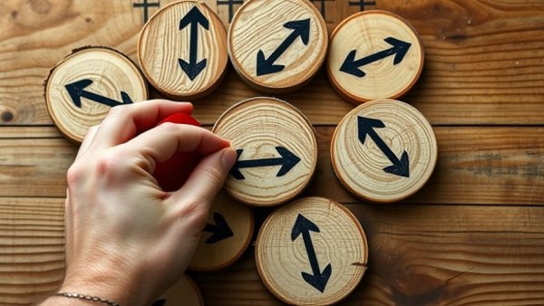 Strategic movement concept with wooden discs in Newcastle property market.