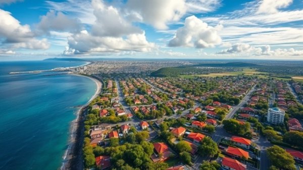 Aerial view of the Long Jetty property market, vibrant homes near water.