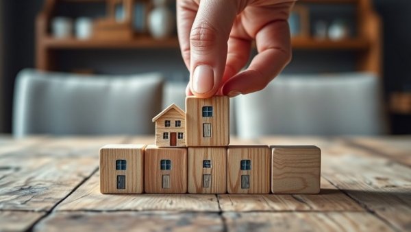 Close-up of stacking house icon blocks, symbolizing property investment strategies.