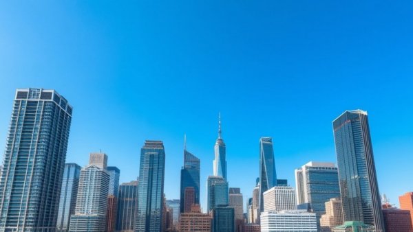 Skyline of tall modern buildings in Australia under a clear blue sky.