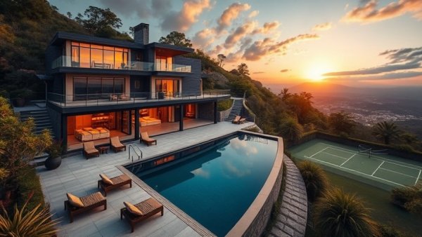 Luxury homes summer rental boom: hilltop mansion and poolside scene.