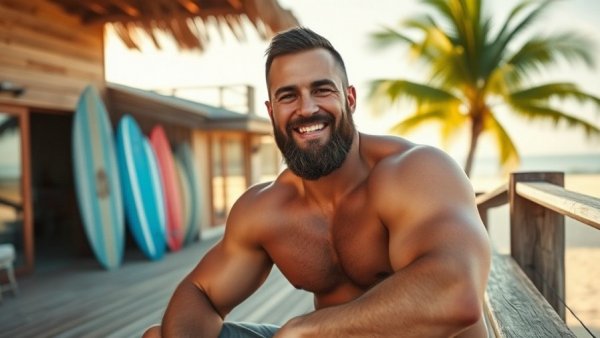 Man relaxing at stylish Byron Bay property with surfboards.