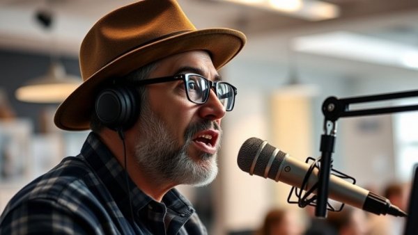 Man in podcast studio discussing economic trends with bright background.