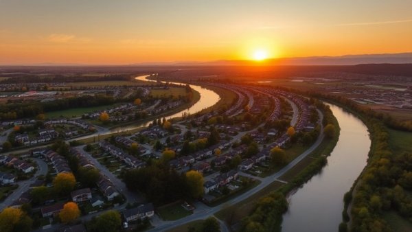 Aerial view of affordable properties in Koongal near a river and mountains.