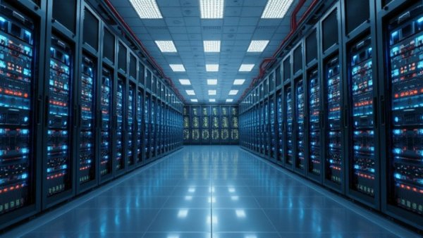 Endless server racks in a data center, linked to SoftBank DigitalBridge acquisition.