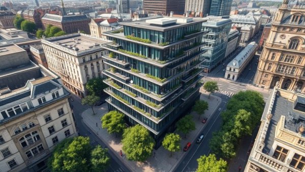 Aerial view of Mitsubishi Estate office redevelopment in London with green surroundings.