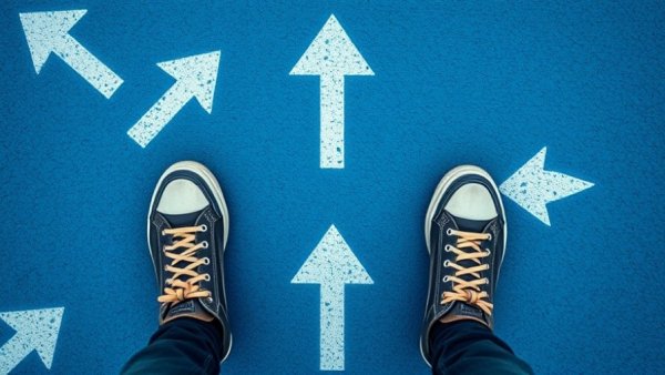 Sneakers standing on a path with directional arrows, depicting six-month success plan